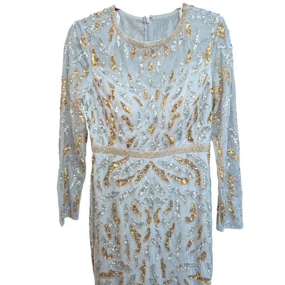 Mac Duggal Size 6 Gown Beaded Long Sleeve Dress Silver Blue with Gold Sequins - Picture 3 of 6